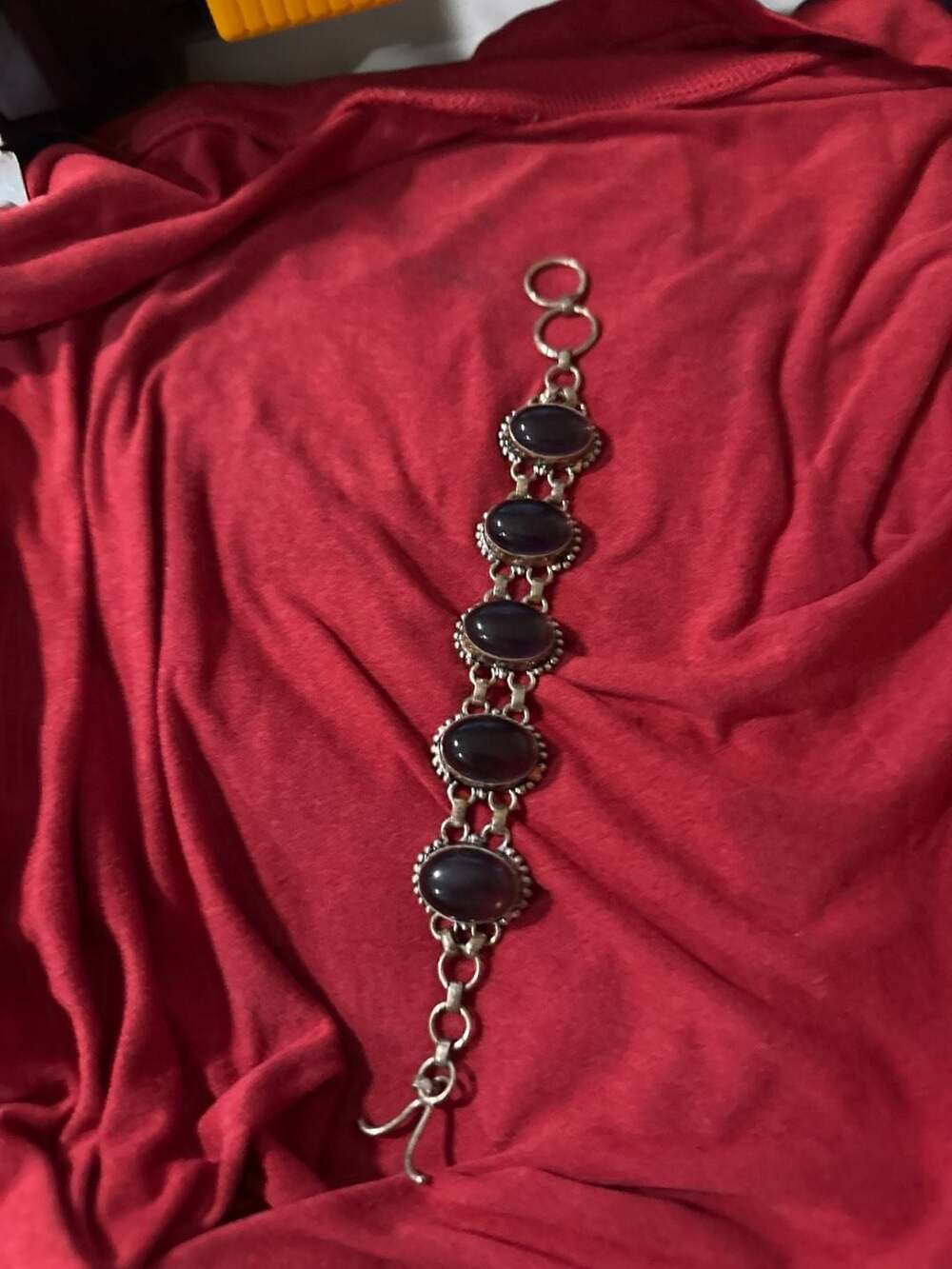 Vintage Mexican Sterling Silver 5-Stone Garnet Oval Link Toggle Bracelet
